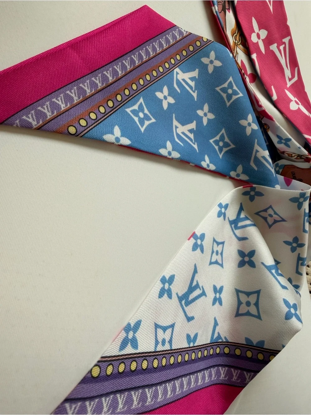 Louis Vuitton Pink, White & Blue Monogram Silk Twilly